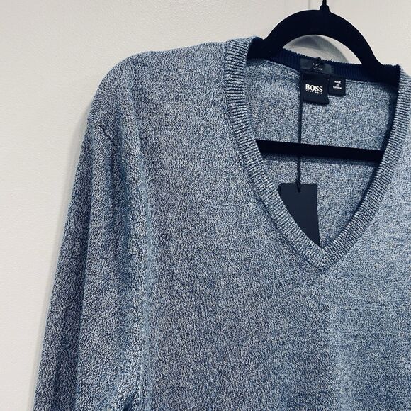 NWT HUGO BOSS Black Label Mens L Blue Slim Fit V-Neck Knit Sweater Jumper Preppy - Picture 14 of 16